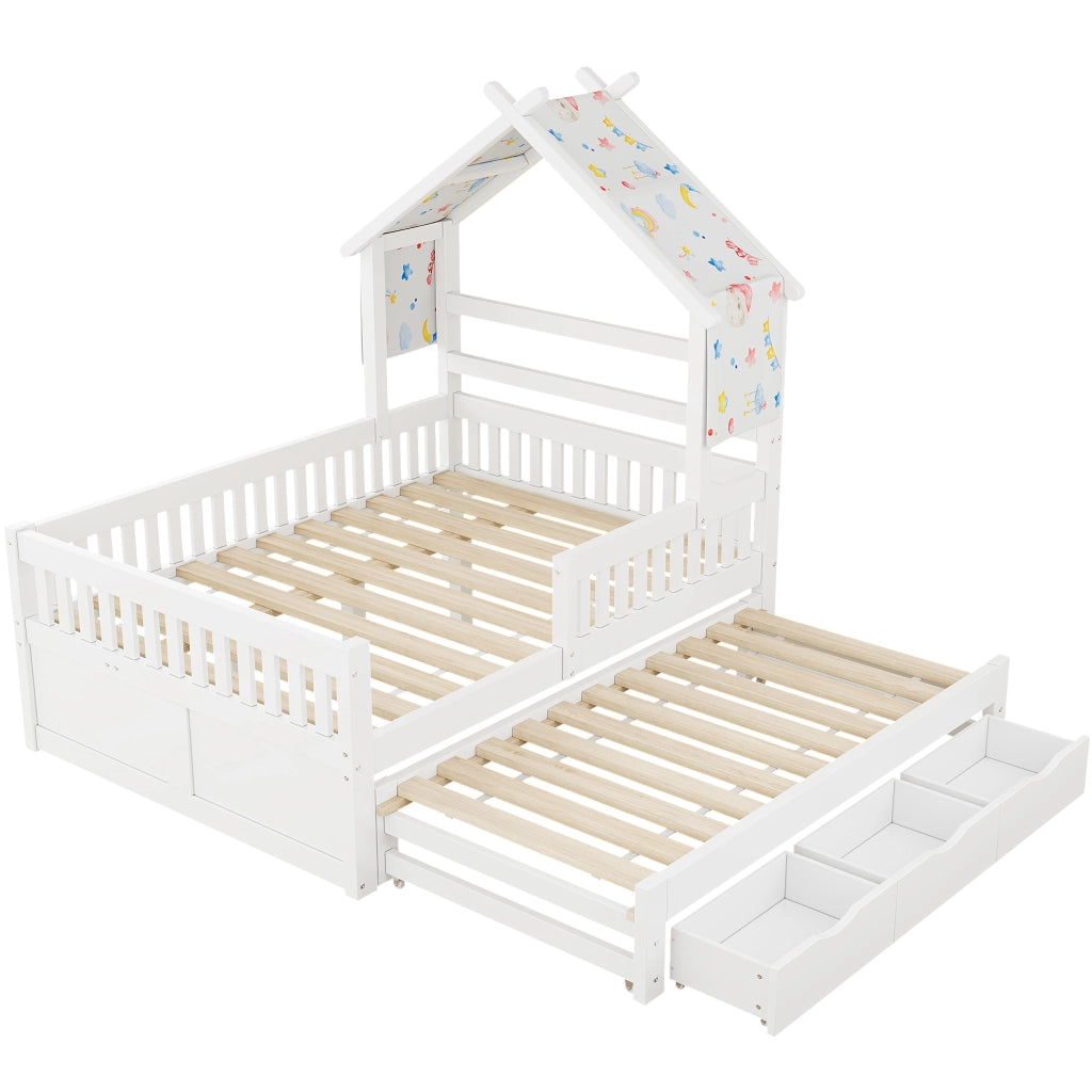Letto Casetta 140 x 200 cm, Letto Singolo, Estraibile, 3 Cassetti e Sponde - Bianco