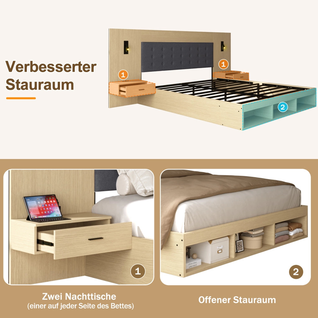 Letto matrimoniale 160 × 200 cm in MDF rovere chiaro con comodini USB Type C lampade e vani contenitore