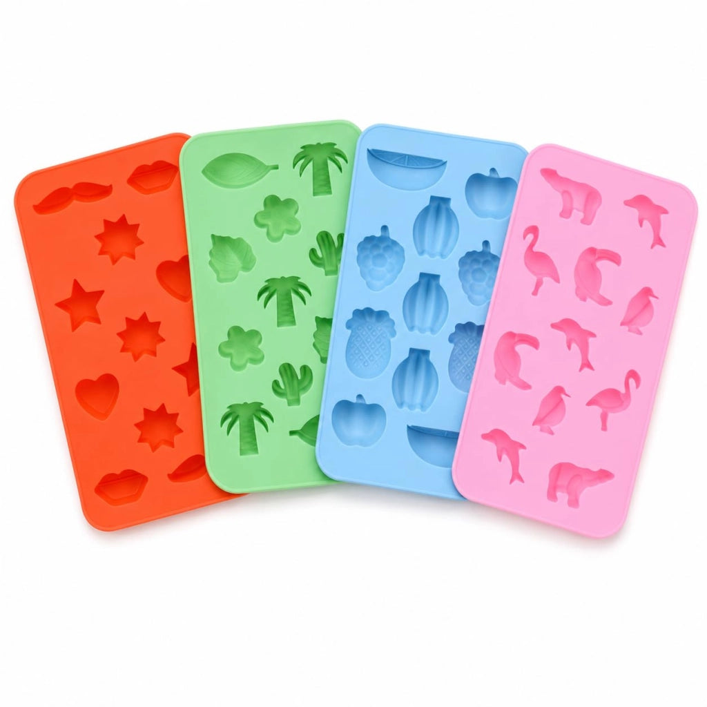 Set di stampi per cubetti di ghiaccio, in TPE, con 4 motivi diversi, colorati, dimensioni 19,8x10,9x1,5 cm