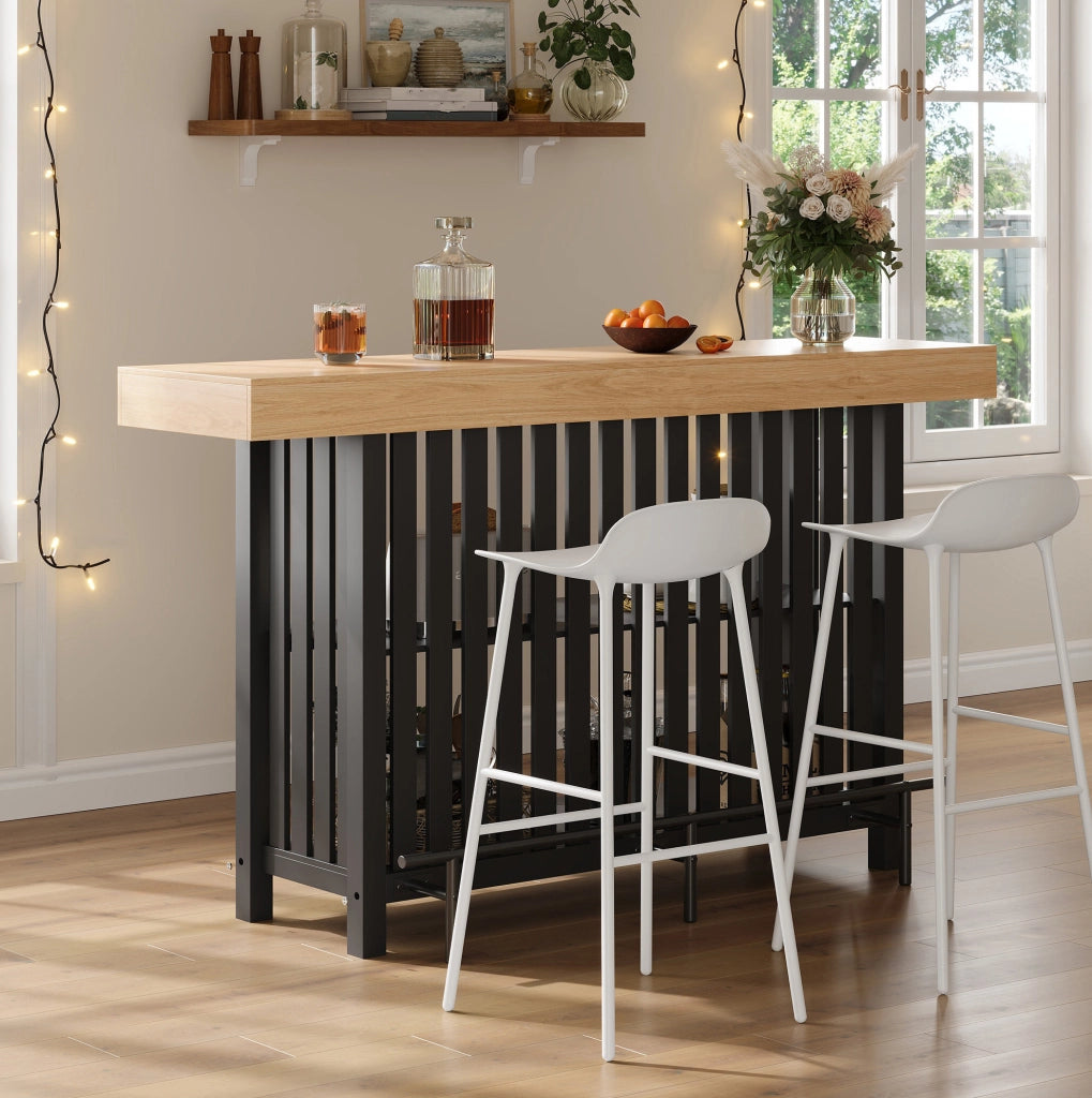 Tavolo bar nero in MDF con 2 ripiani e poggiapiedi 160x40x105 cm