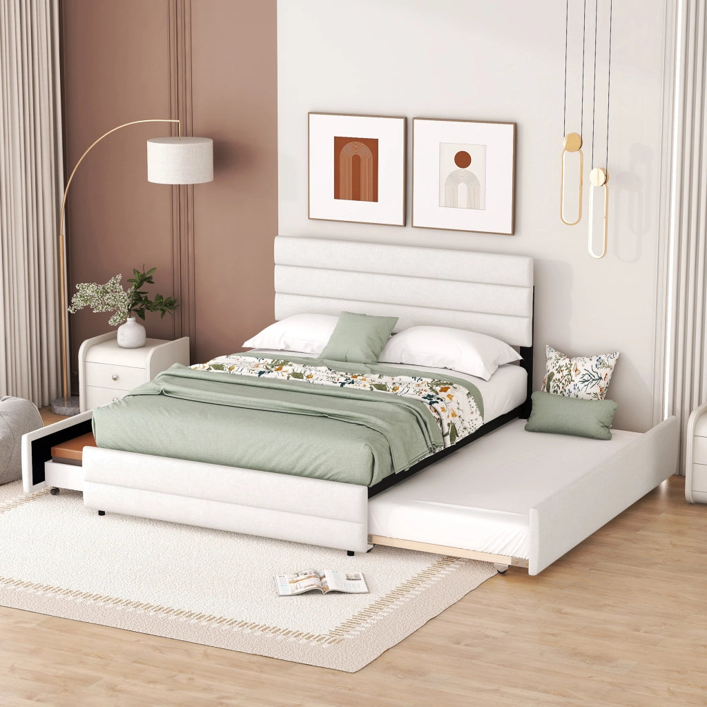 Letto Estraibile 140 x 200 cm e 90 x 190 cm, Letto Matrimoniale - 2 Cassetti - Beige