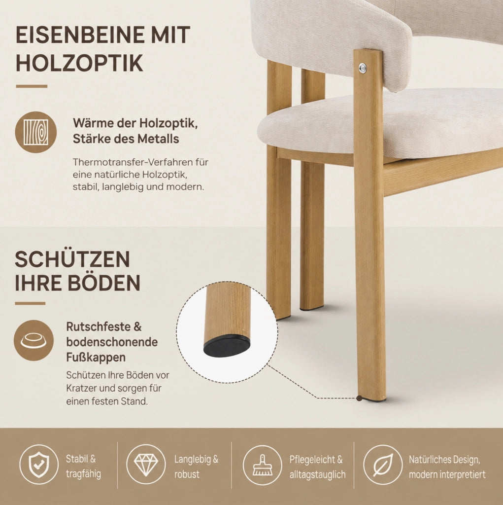 Set di 2 sedie con braccioli in metallo effetto legno e lino beige