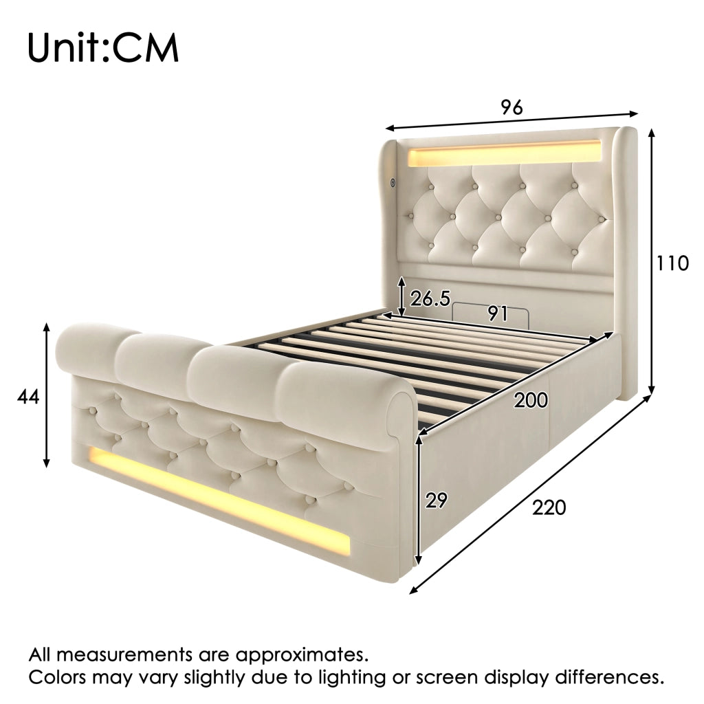 Letto contenitore 140 ¡Á 200 cm con LED; USB e Type-C; vano nella testiera; rivestito in lino grigio
