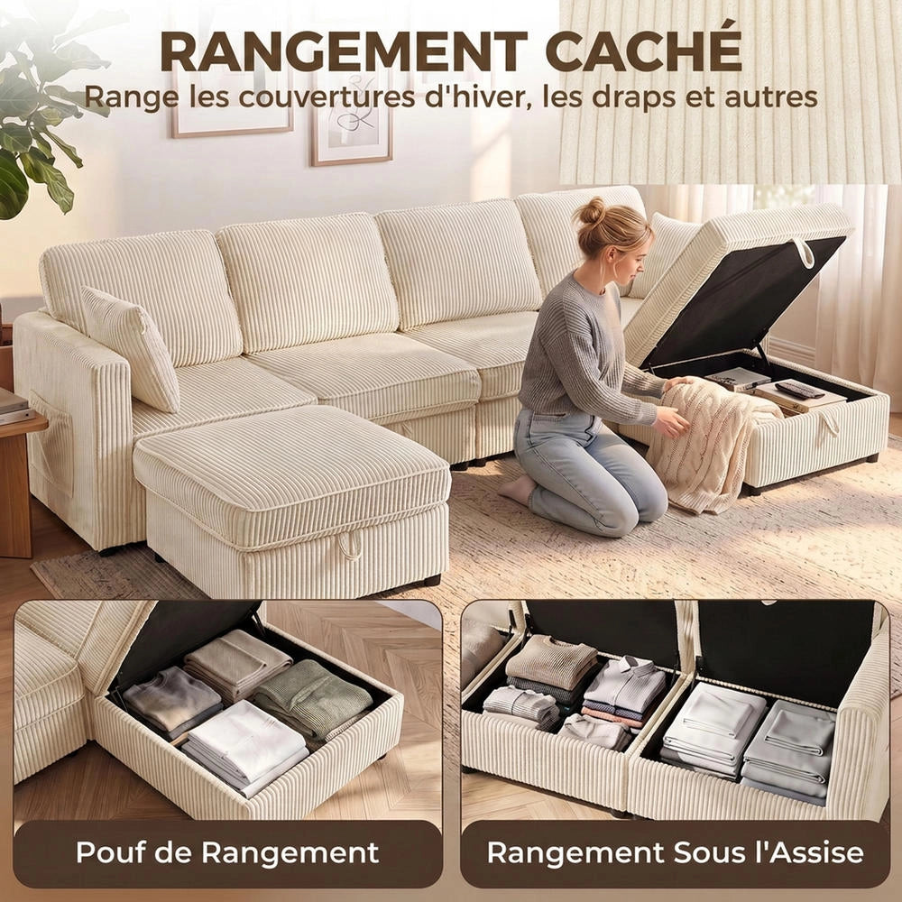 Divano angolare modulare a U 306 cm, 4 posti con 2 pouf contenitore e 4 cuscini, velluto a coste crema, salvaspazio per casa