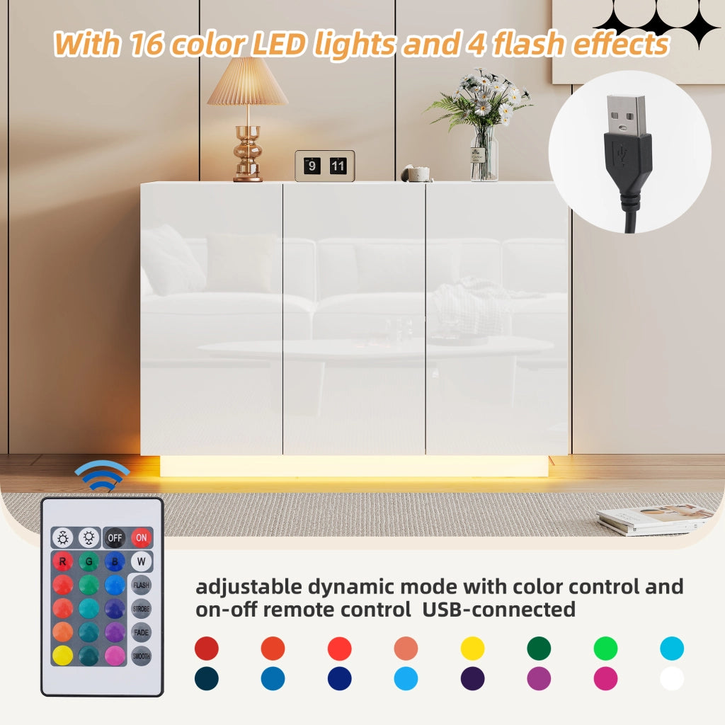 Credenza 120 × 40 × 75 cm con 3 ante e ripiani regolabili in pannello truciolare bianco lucido LED Bluetooth