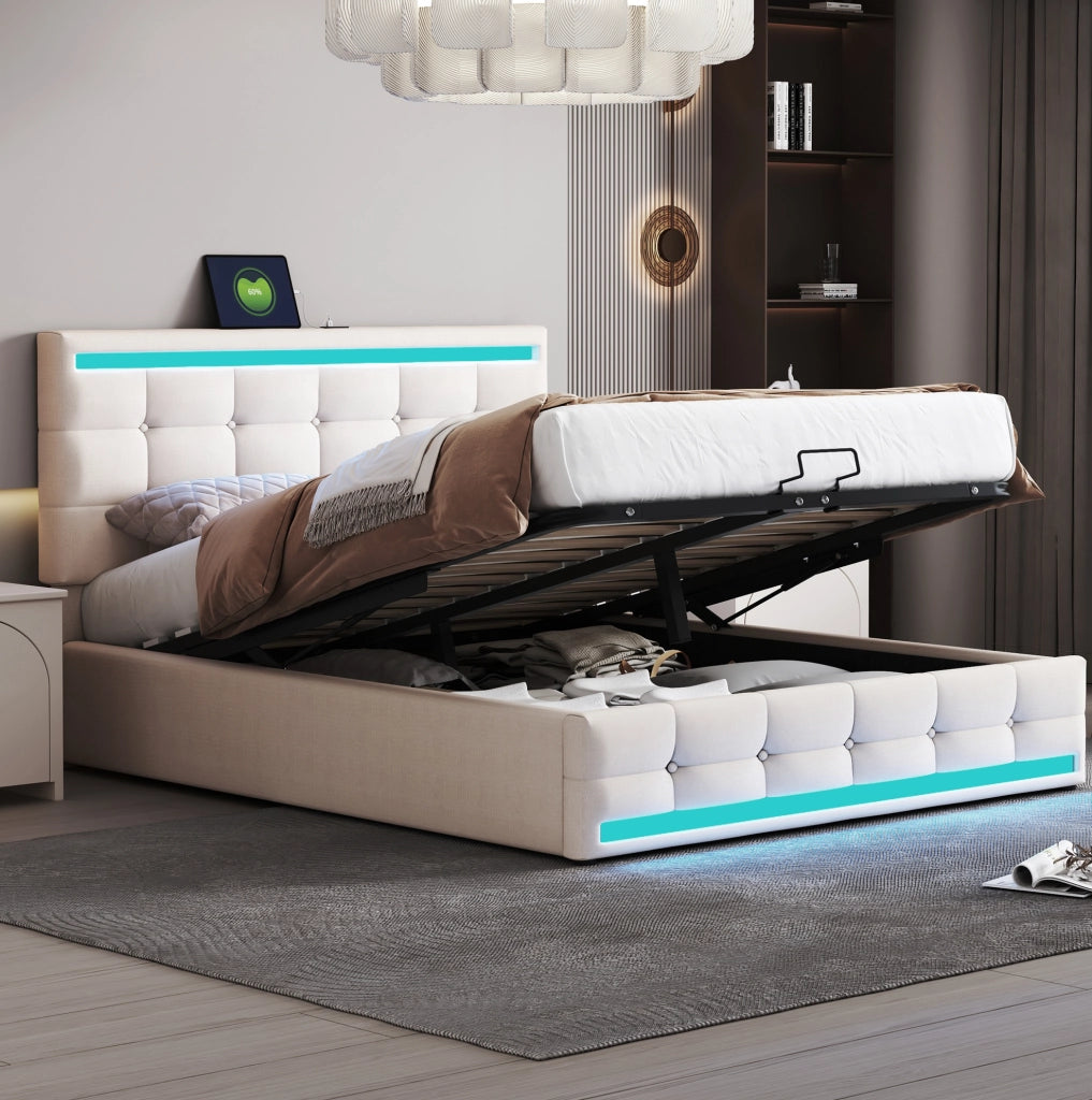 Letto imbottito 140 × 200 cm con contenitore; LED e 2 porte USB; beige