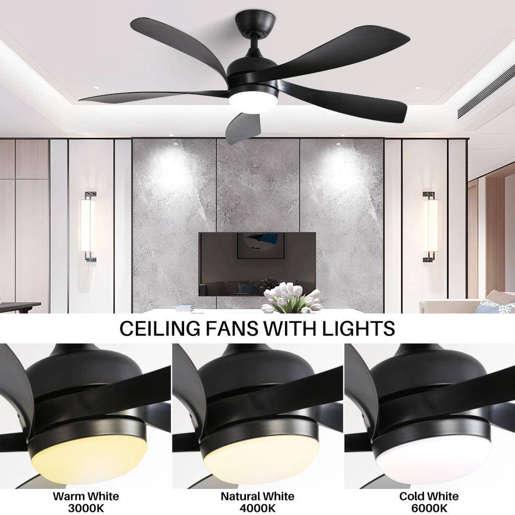 Ventilatore da soffitto con luce LED nero da 52 pollici; motore DC reversibile; telecomando e timer 1 4 8 h