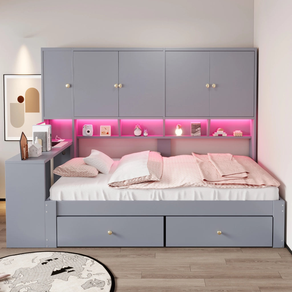Letto singolo multifunzionale 90 × 200 cm con scrivania armadi cassetti LED prese grigio in MDF e compensato