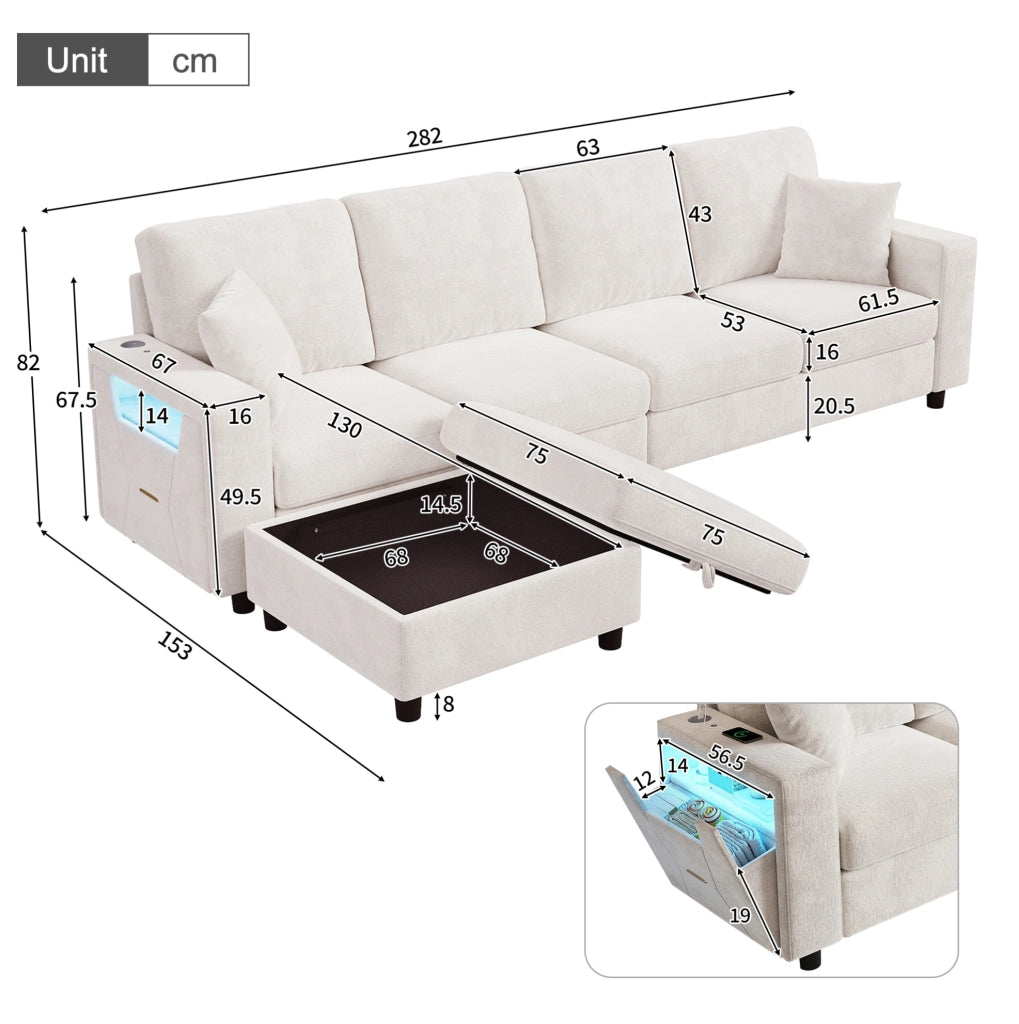 Divano Angolare Modulare 4 Posti in Poliestere 282 x 153 x 82 cm - LED USB e Type-C Beige