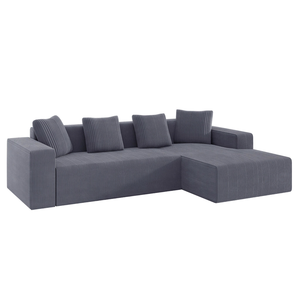 Divano angolare modulare ULEVR 261x146 cm in velluto a coste grigio con chaise longue e 4 cuscini
