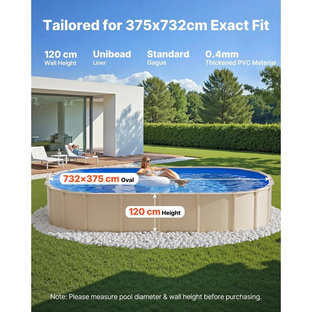 Liner per Piscina Fuori Terra Ovale 375 x 732 cm Rivestimento in Vinile PVC Bordo a Incastro Altezza 120 cm Resistente Blu