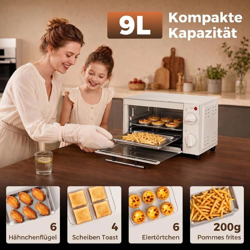 Mini Forno Elettrico 9L in Acciaio Inox Bianco Crema, Fornetto Compatto Salvaspazio con Teglia e Griglia per Casa