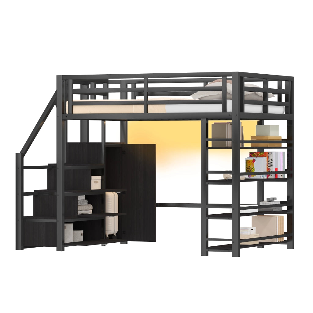 Letto a soppalco 140 × 200 cm in metallo nero con armadio scala contenitore ripiani e illuminazione LED