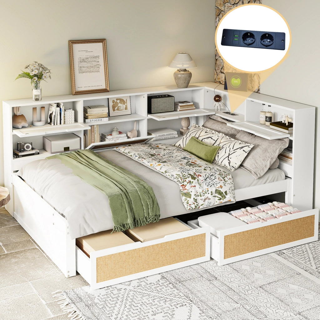 Divano letto multifunzionale con USB e contenitore 140x200 cm, bianco