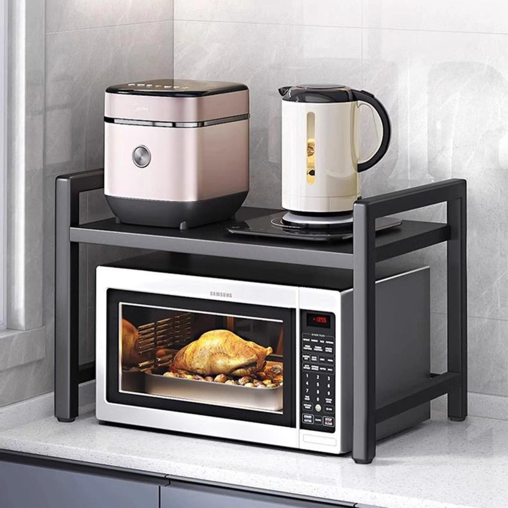 Ripiano da cucina per microonde in acciaio nero con 6 ganci