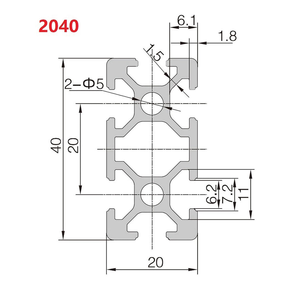 Profilo in alluminio 2040, tipo T, 2 pezzi, lunghezza 1000 mm, dimensioni 20x40 mm