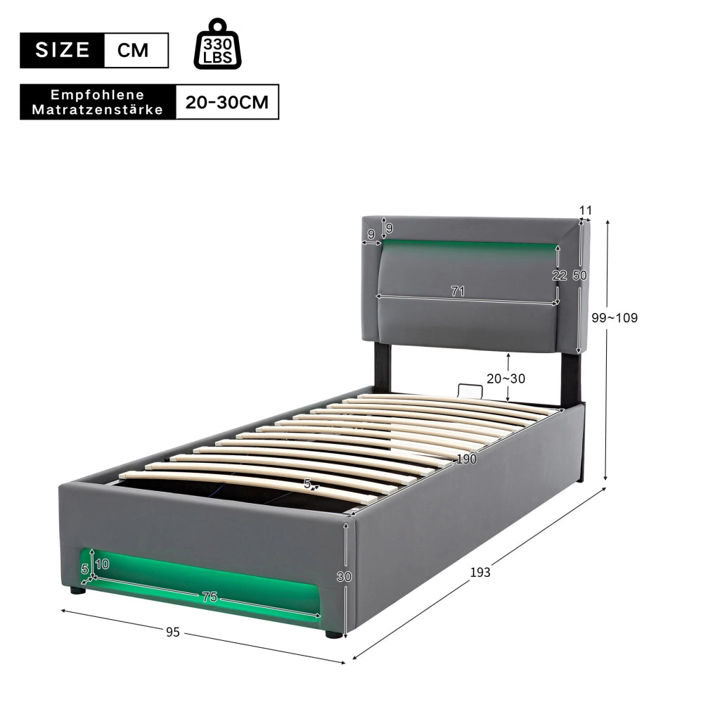 Letto imbottito con contenitore; LED e USB; per materasso 90 × 190 cm; PU grigio
