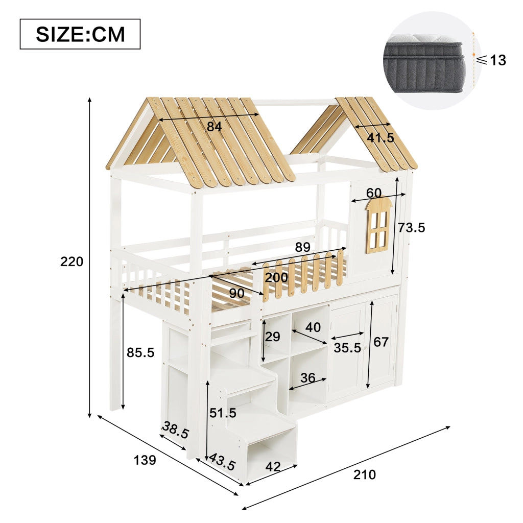 Letto a soppalco per bambini 90 × 200 cm con armadio e ripiani in legno bianco e naturale con finestra