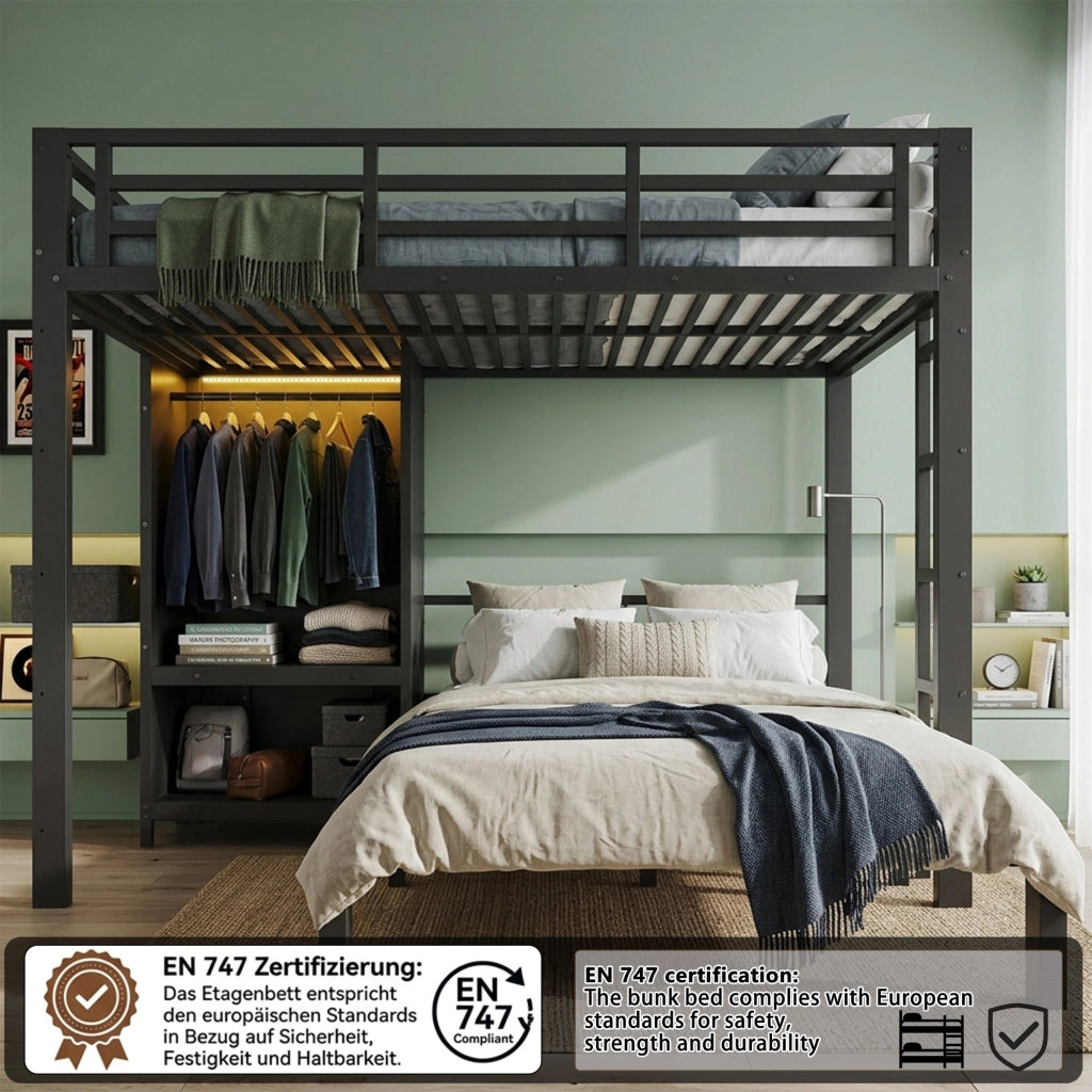 Letto a castello in metallo nero 120 x 200 cm con armadio integrato e luce LED per cameretta