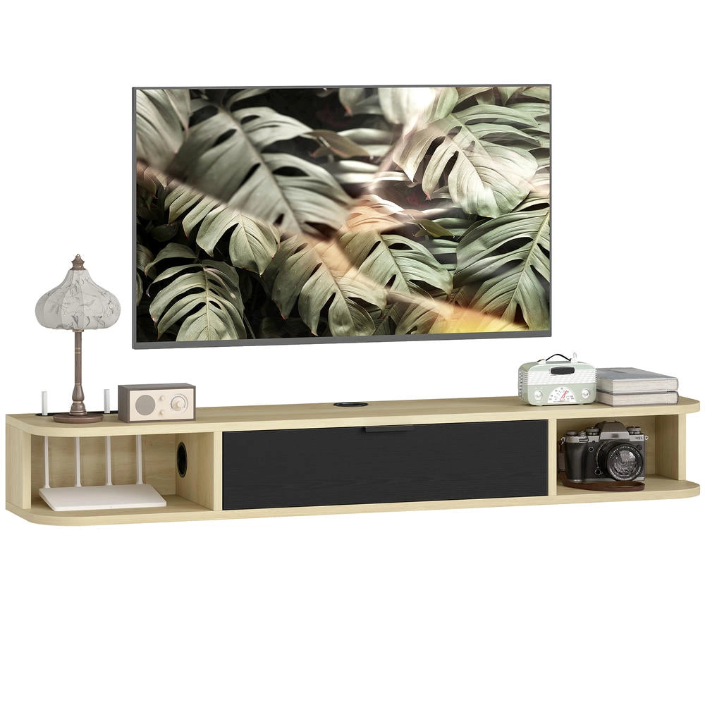 Mobile TV sospeso a parete nero per TV fino a 50 pollici, mobile porta TV salvaspazio con cassetto a ribalta e 2 ripiani, 120x24x16cm