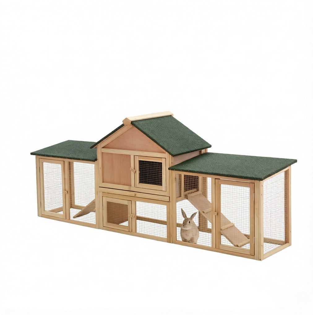 Conigliera da esterno per conigli 210 x 45,5 x 84,5 cm in legno verde, con rampa