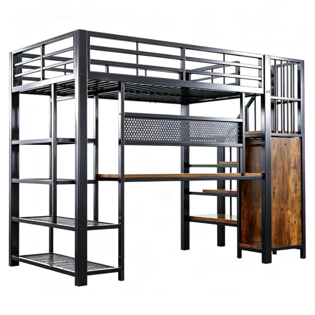Letto a soppalco 90x200 cm con scrivania; scala contenitore; LED e prese; in metallo e legno; nero