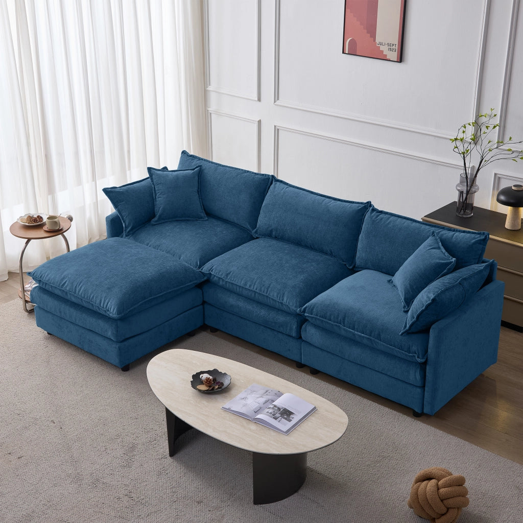 Divano angolare modulare a 3 posti con pouf mobile in ciniglia blu struttura in legno e cuscini sfoderabili