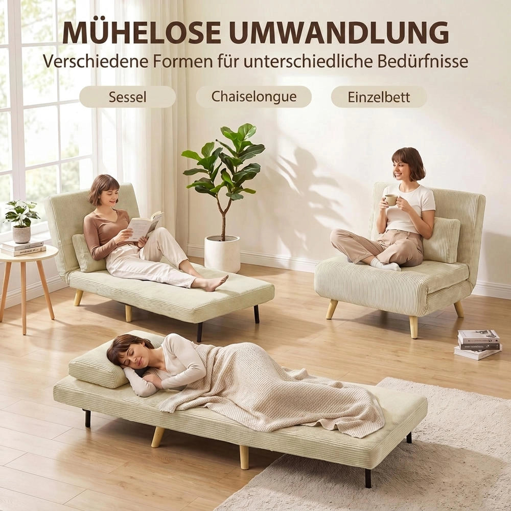 Poltrona letto singola 3 in 1 beige 90x190 cm, divano letto salvaspazio con schienale regolabile a 6 posizioni per casa