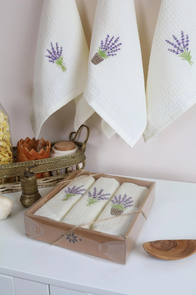 Set di 3 strofinacci, 40x60 cm, in cotone, con motivo a lavanda, ricamati
