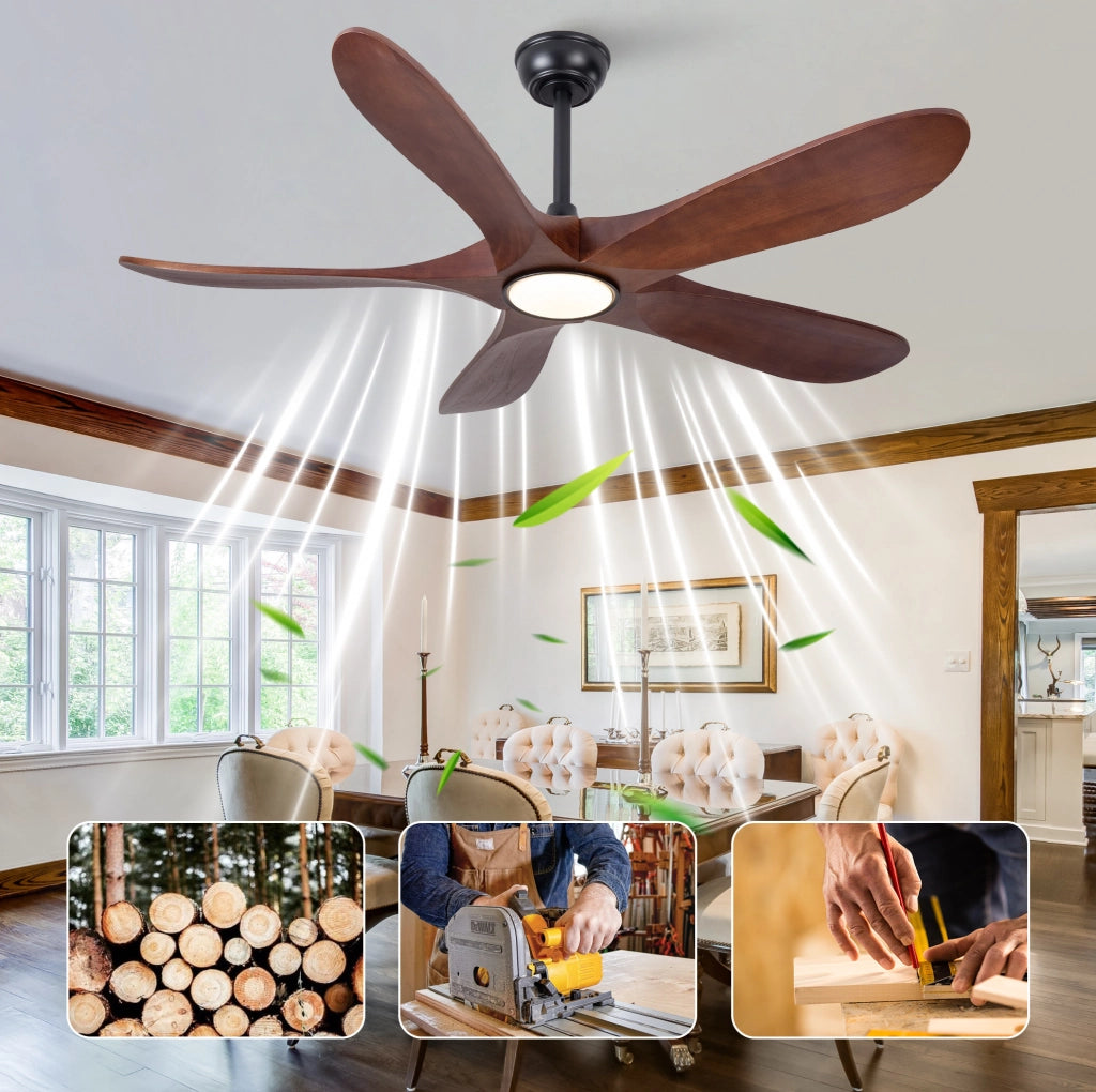 Ventilatore da soffitto con luce e telecomando in legno massello