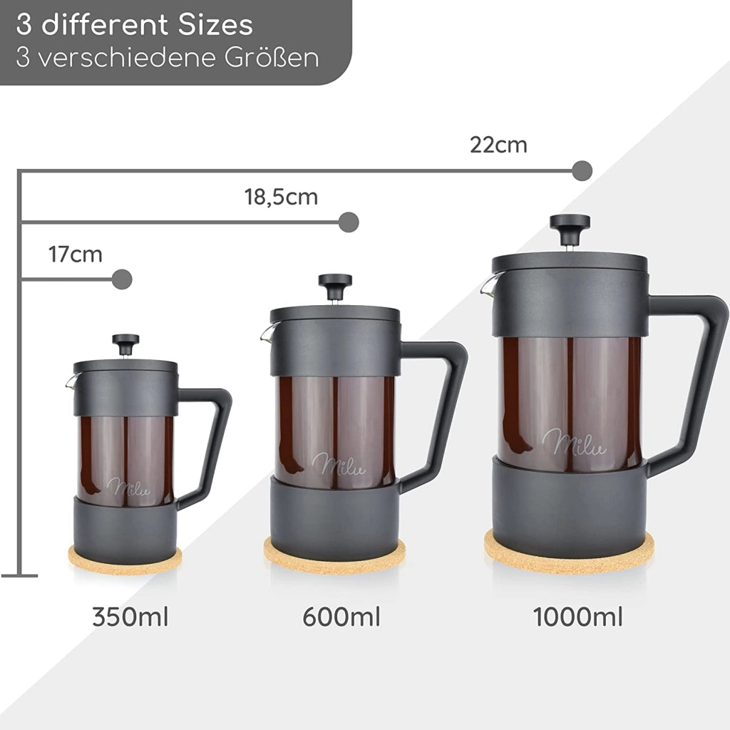 French press da 600 ml, caraffa in vetro, funzionamento manuale, colore nero