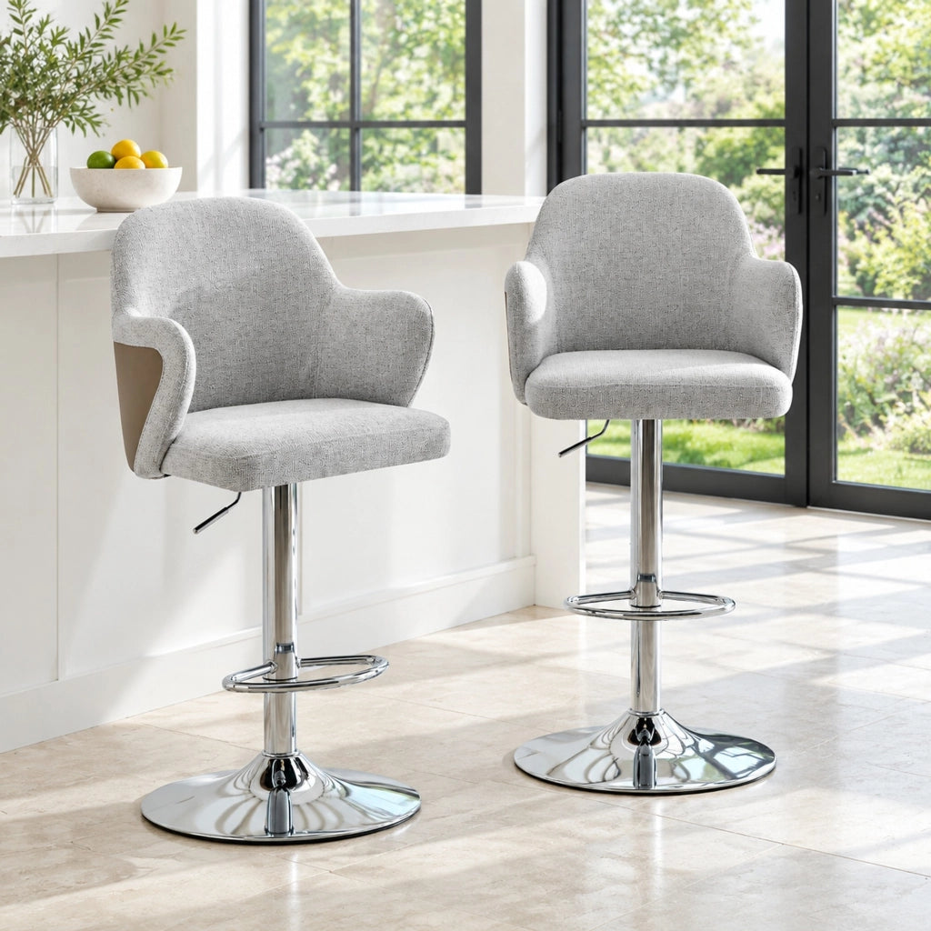 Sgabello da bar set di 2 in tessuto grigio e marrone con braccioli girevole a 360° e altezza regolabile