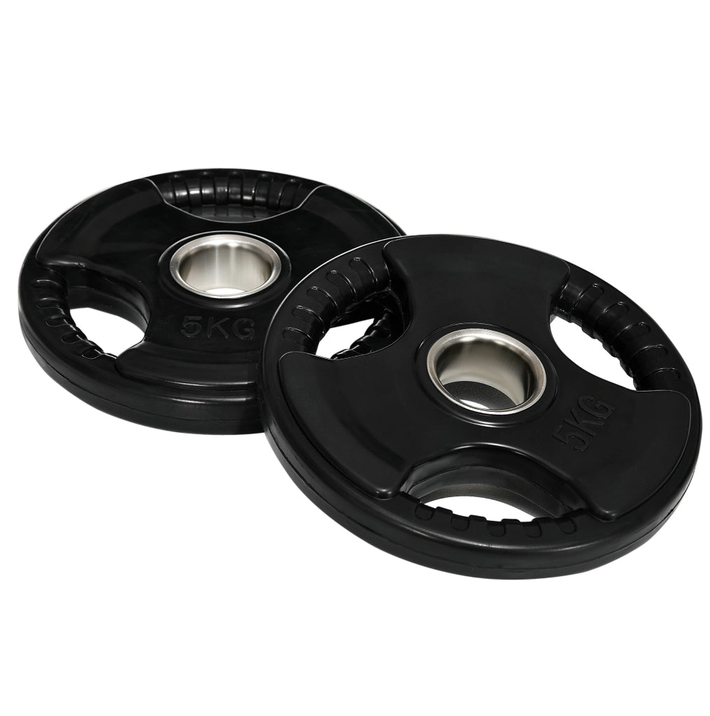 Dischi olimpici da palestra 2 x 5 kg in ferro nero gommato, tri-grip, foro 5 cm