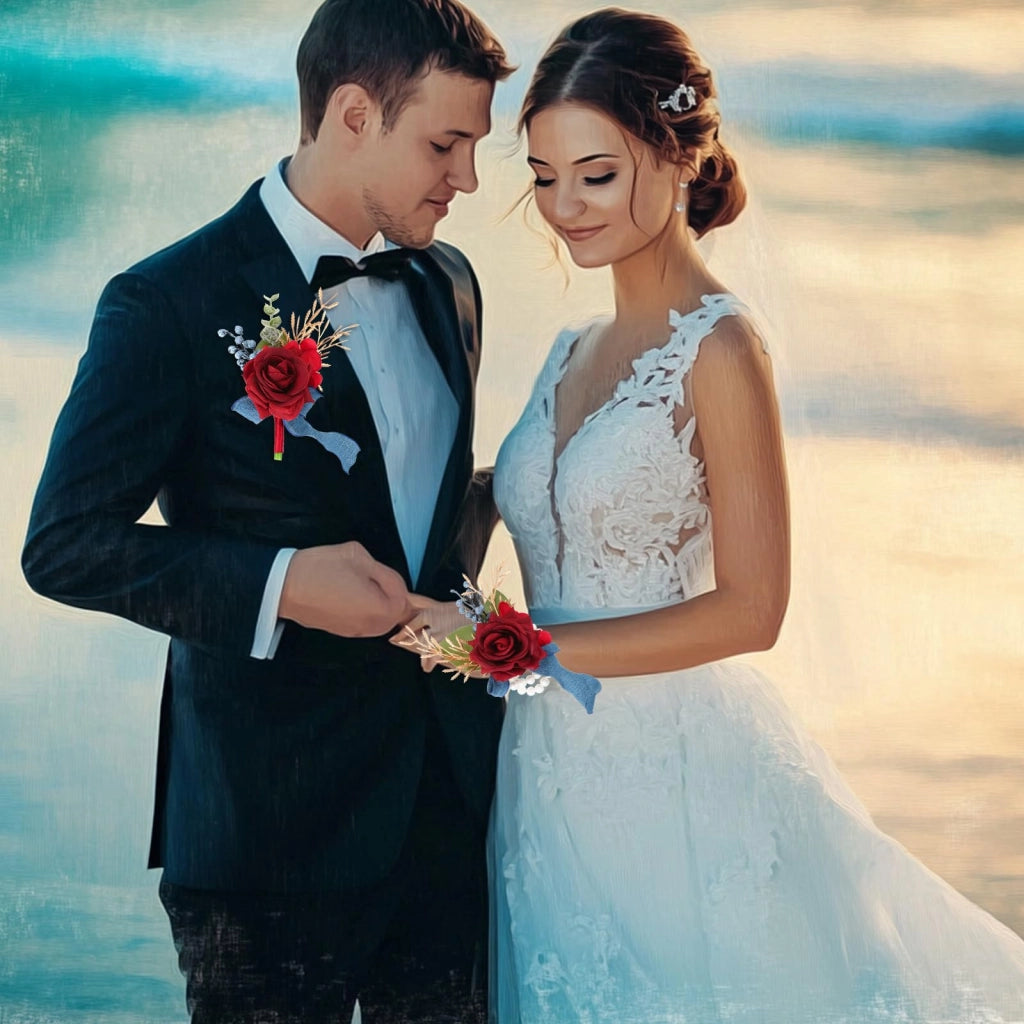 Set di spilla per capelli e boutonnière, colore rosso, composto da 2 pezzi