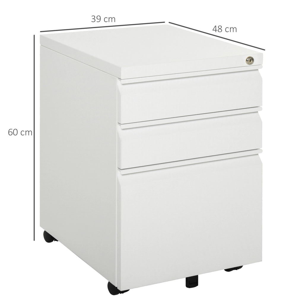 Cassettiera da ufficio in acciaio bianco con 3 cassetti e ruote