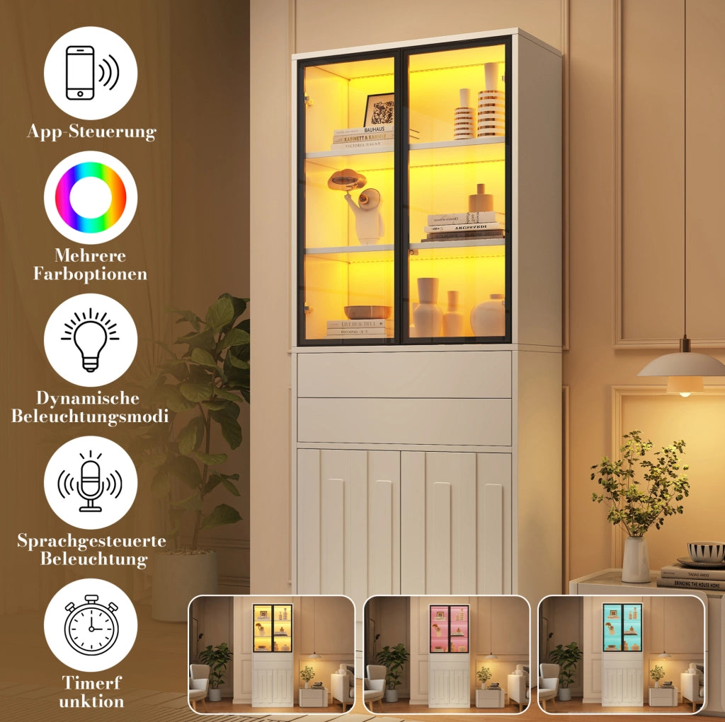 Vetrina alta 70x34x180 cm con LED Bluetooth; 4 ante e 2 cassetti in truciolare bianco