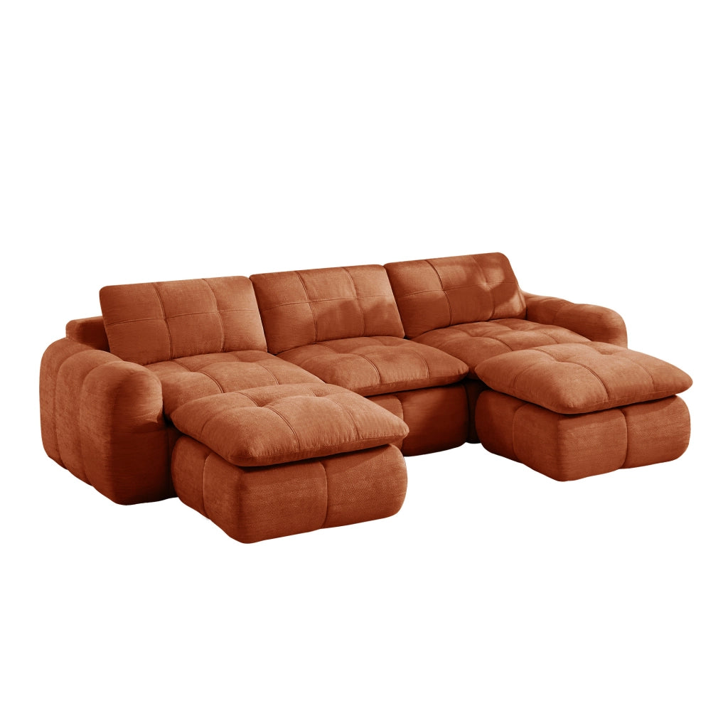 Divano modulare a U 264x160x68 cm in ciniglia arancione, 3 posti con 2 pouf