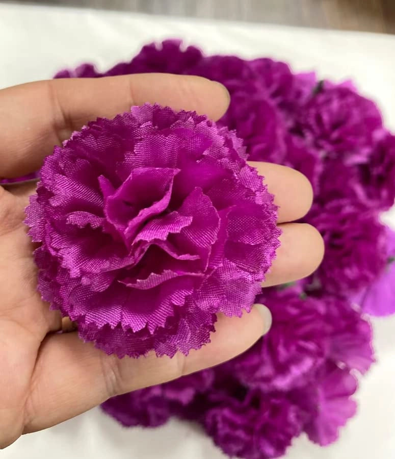 Fiori artificiali di garofano, 50 pezzi, 5 cm, con stelo, color viola-rosso