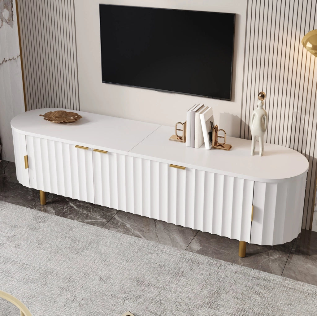 Mobile TV in MDF Bianco con 5 Ante, Frontale Rigato e Piedini in Ferro
