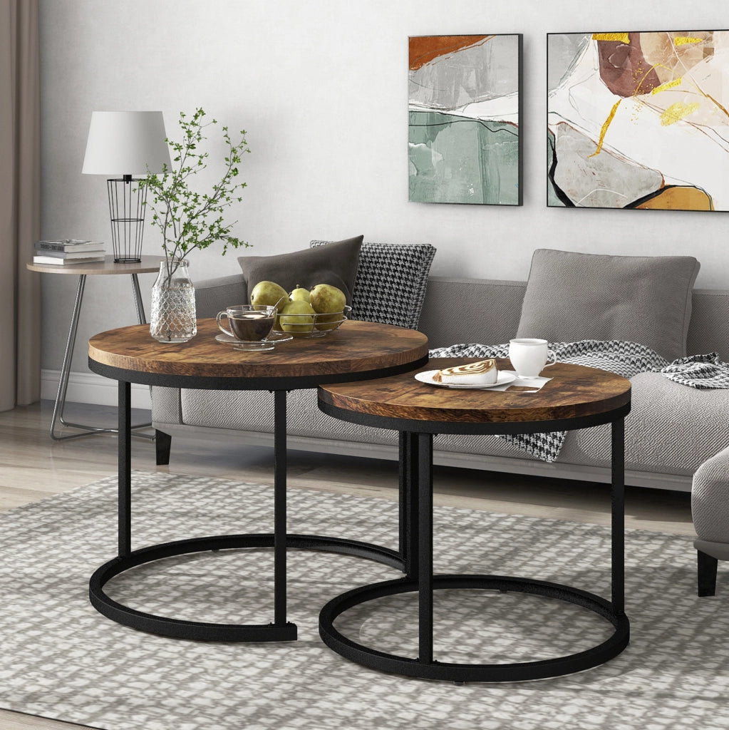 Set da 2 tavolini da caffè rotondi impilabili, tavolini bassi in MDF effetto legno marrone con struttura in metallo, salvaspazio per soggiorno moderno