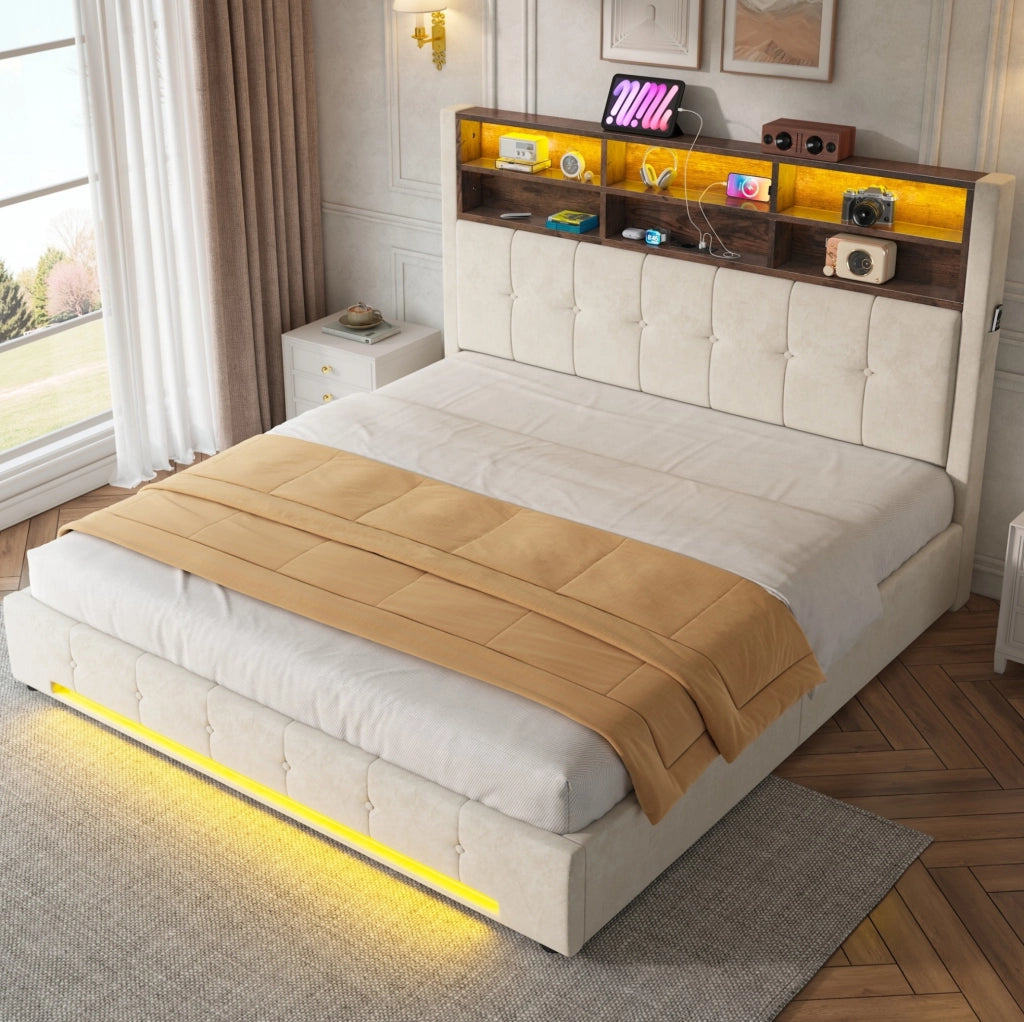 Letto in velluto 180×200 cm con testiera multifunzionale, 6 scomparti, LED, USB-C, meccanismo idraulico e grande contenitore protetto dalla polvere