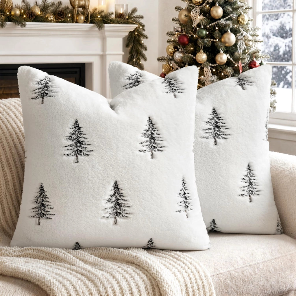 Cuscini decorativi, set da 2, 50x50 cm, rivestimento in ecopelliccia, bianco e nero