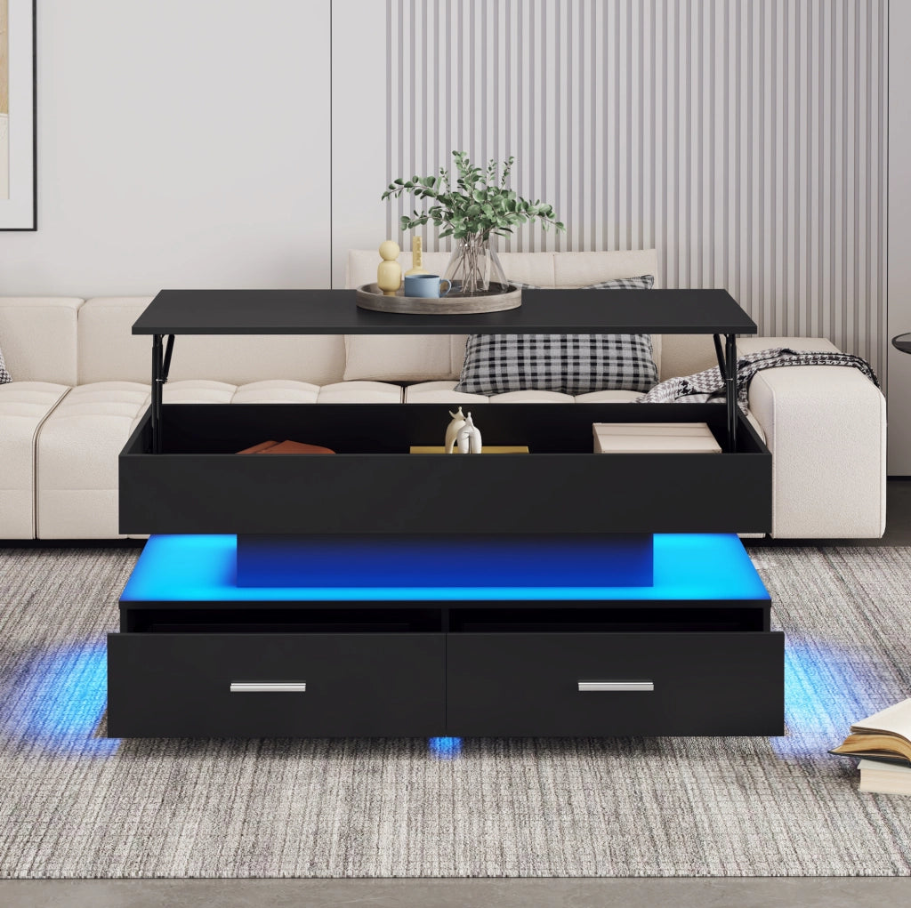 Tavolino elevabile 100 × 50 × 44 cm in truciolare nero con LED e contenitore