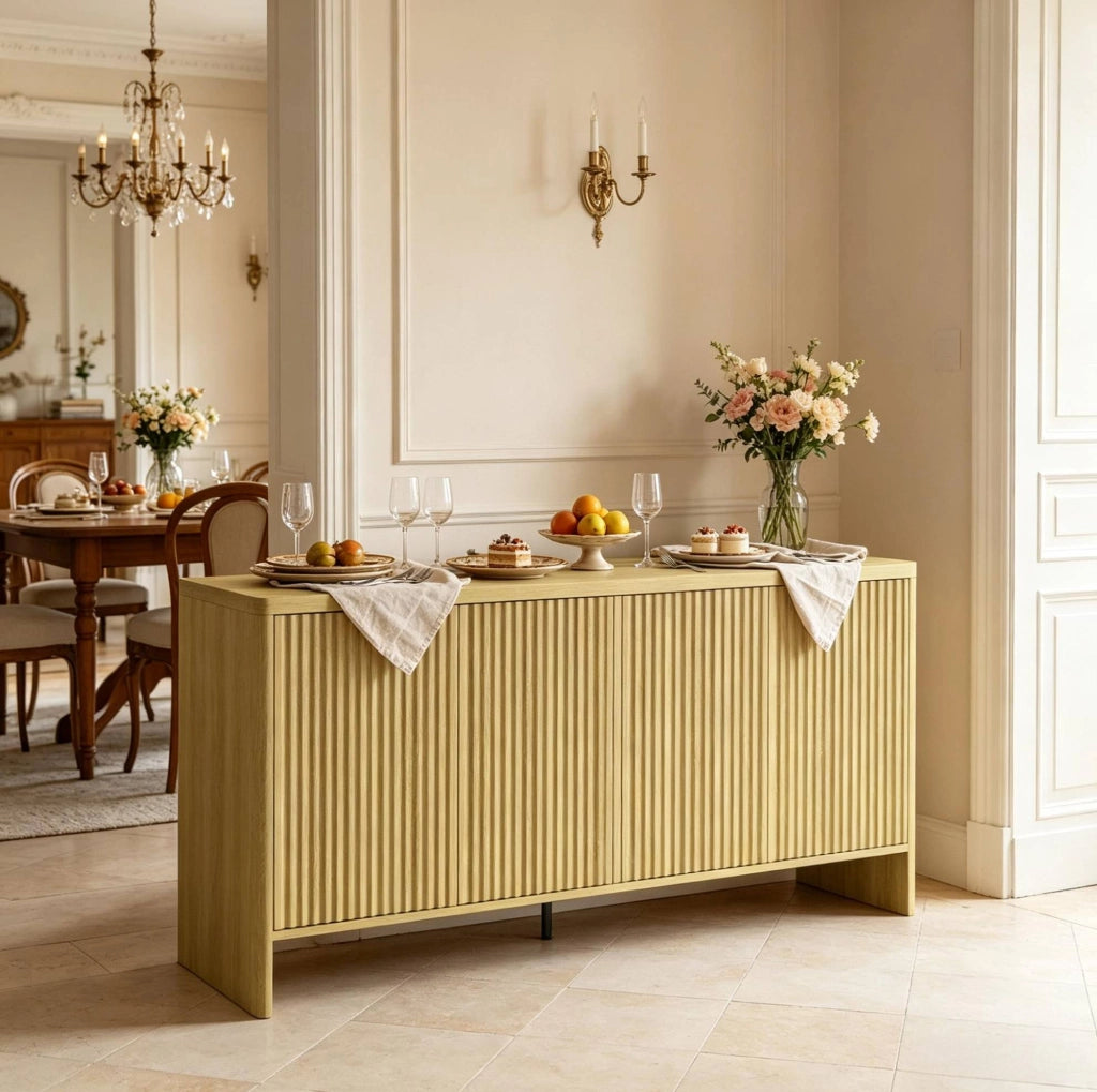 Credenza in MDF color rovere con ante scanalate e ripiani regolabili