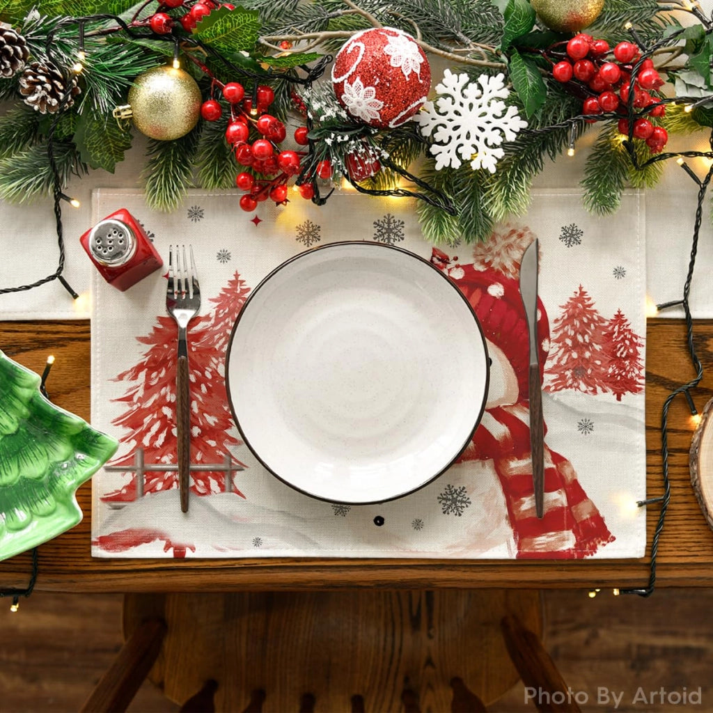 Set di 4 tovagliette a forma di pupazzo di neve, rosse, 30x45 cm, ideali per Natale