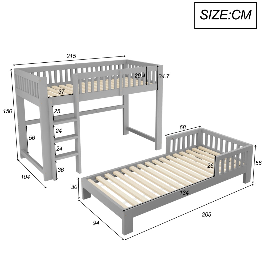 Set di due letti modulari per bambini 90 x 200 cm grigio