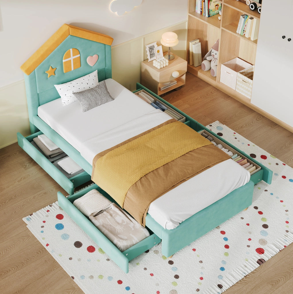 Letto imbottito per bambini 90 x 200 cm blu-verde con 4 cassetti