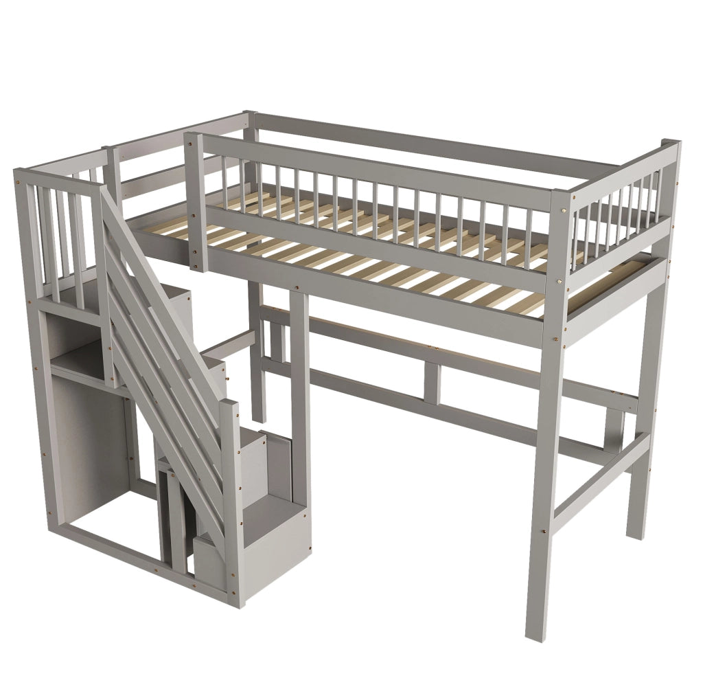 Letti a soppalco per bambini 90x200 cm con scala, armadio e rete a doghe in pino bianco e grigio, senza materasso