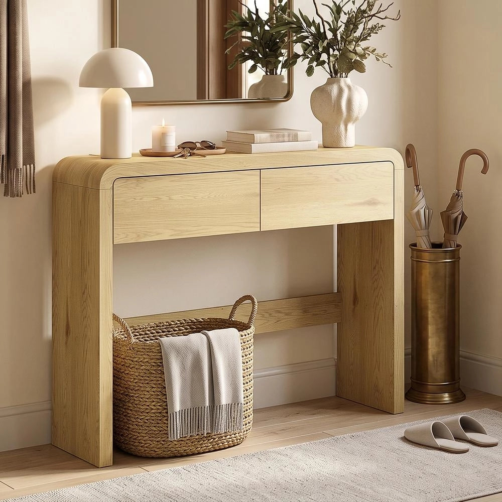 Tavolo consolle con 2 cassetti per ingresso e soggiorno, mobile in legno naturale, piano spesso e angoli arrotondati, 100 x 30 x 85 cm