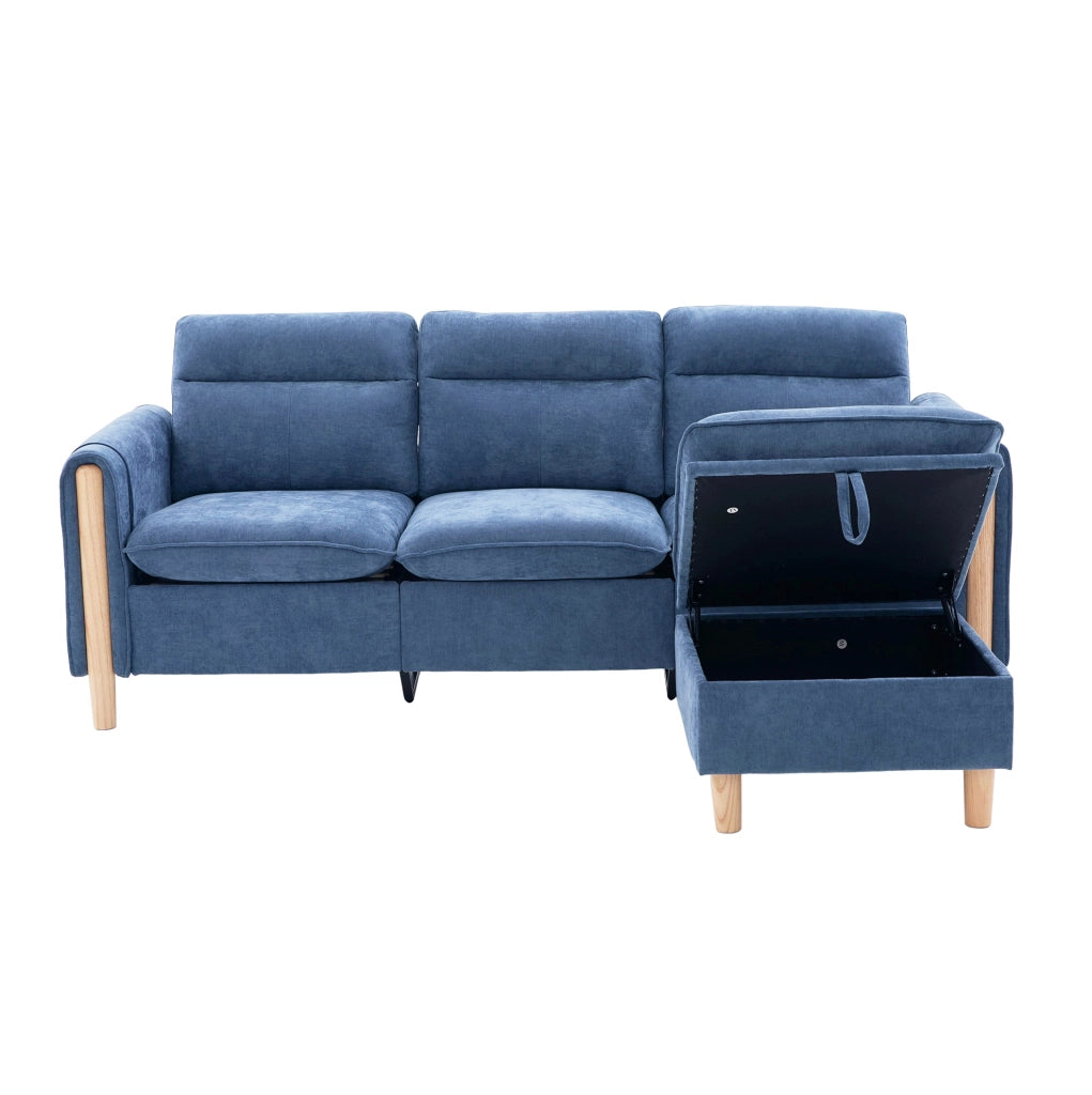 Divano 3 posti a L in ciniglia blu con pouf contenitore
